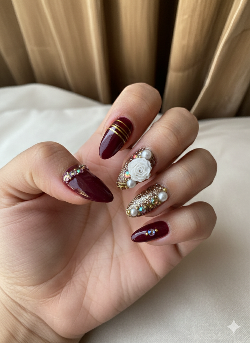 AVSAR Royal Bridal – Maroon and Gold Press-On Nails