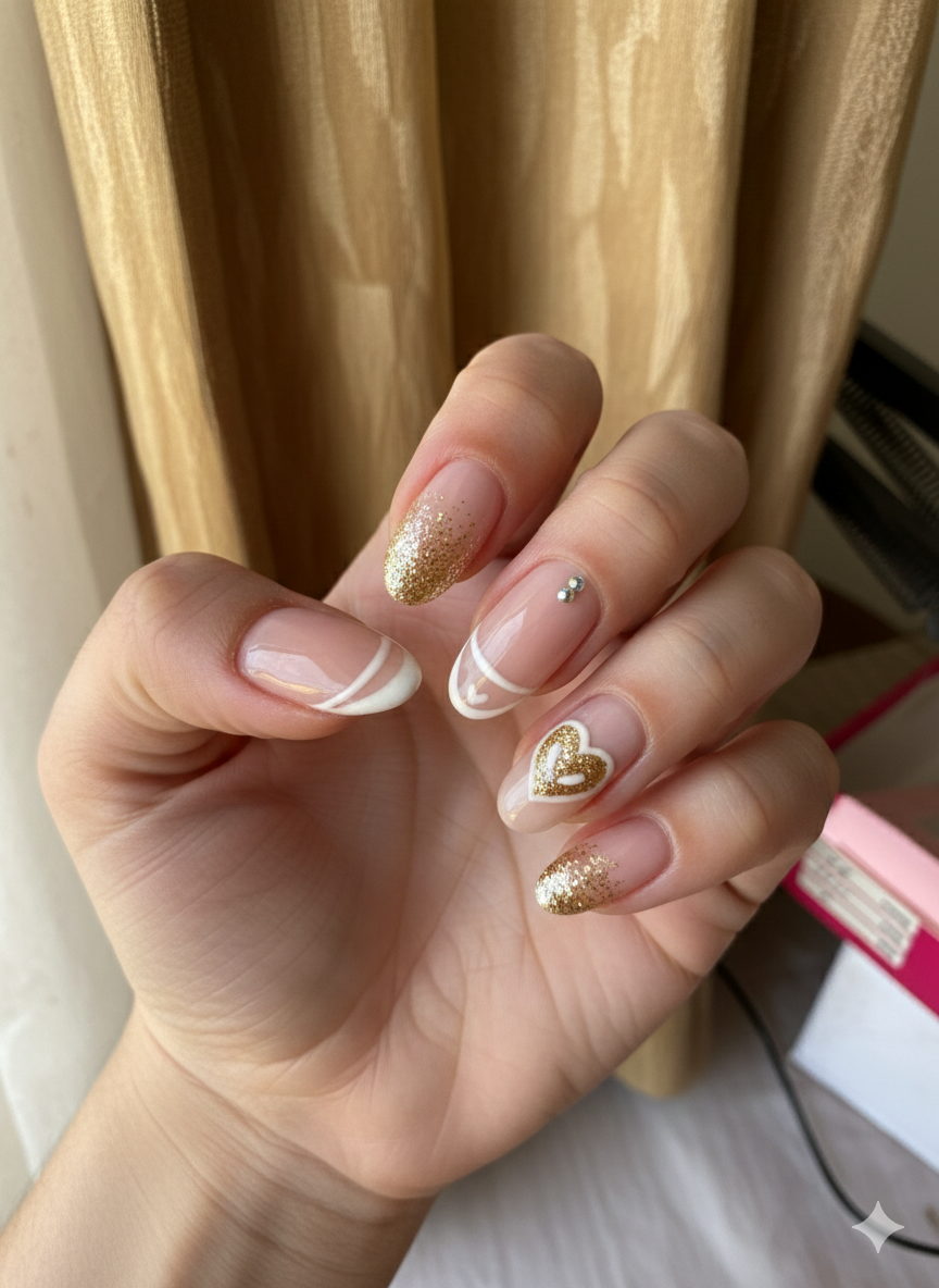 AVSAR Golden Sweetheart – Heart and French Press-On Nails